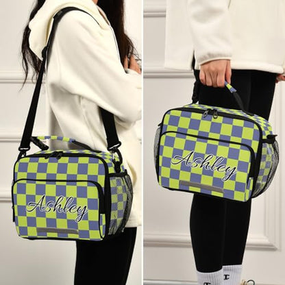 Custom Student Lunch Bag for Boys Girls Green Blue Checkered Personalized Lunch Box With Name Insulated Cooler Bag for School Picnic Travel - color: Multi16