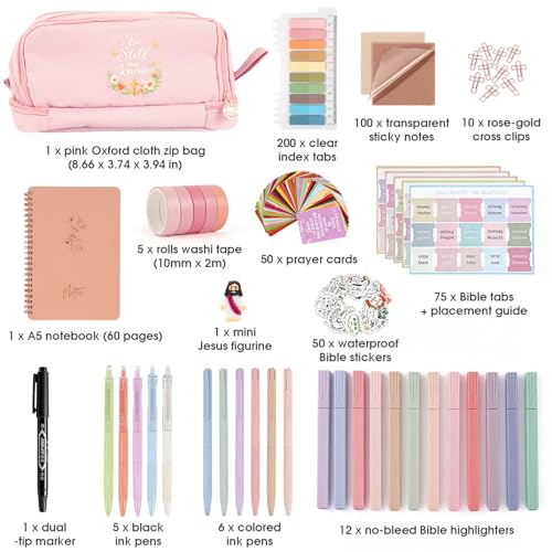 Pink Complete Bible Study Kit for Women with No Bleed Highlighters, Pens, Bible Tabs, Prayer Cards, Jesus Statue - Portable Journaling Supplies for Church, Home, Small Group Christian Gift