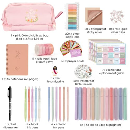Pink Complete Bible Study Kit for Women with No Bleed Highlighters, Pens, Bible Tabs, Prayer Cards, Jesus Statue - Portable Journaling Supplies for Church, Home, Small Group Christian Gift