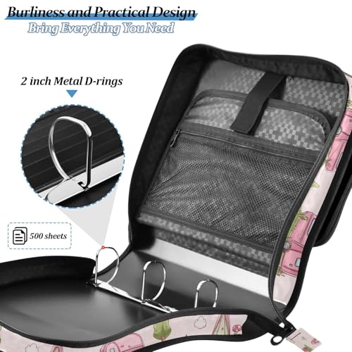 Pink Camping Tent Pattern 3 D-Ring 2 inch Zipper Binder Bag with Shoulder Strap, Multi-Pocket Portfolio Organizer Case for 13 Inch Laptop Middle School - color: Pink Camping Tent Pattern