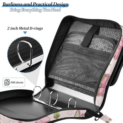 Pink Camping Tent Pattern 3 D-Ring 2 inch Zipper Binder Bag with Shoulder Strap, Multi-Pocket Portfolio Organizer Case for 13 Inch Laptop Middle School - color: Pink Camping Tent Pattern