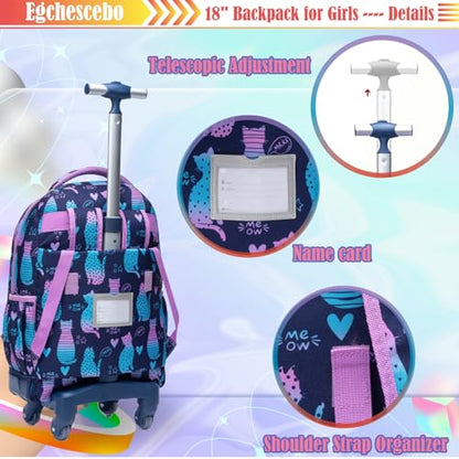 Kids Rolling Backpack for Girls Cats Suitcases Trolley Roller Luggage Backpacks with 360° Rotating Wheels Laptop Lunch Box Pencil Case for Elementary 18" Travel School Bag Gradient Colors - color: Blue-jianbianmao-1220