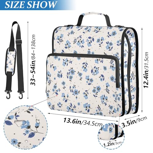 Fisyme Floral Blue Flowers Zipper Binder 3 Ring with Zipper and Shoulder Strap Large Capacity Multi-Pocket Zipper Binder Organizer - color: Multi-cream