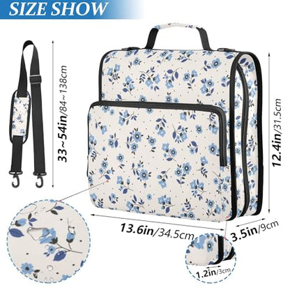 Fisyme Floral Blue Flowers Zipper Binder 3 Ring with Zipper and Shoulder Strap Large Capacity Multi-Pocket Zipper Binder Organizer - color: Multi-cream