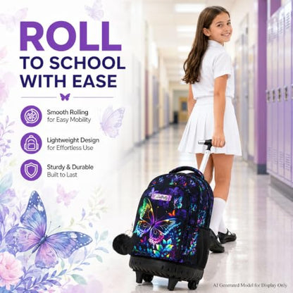 HPJGD 3PCS Rolling Backpack for Girls, Womens Butterfly School Backpacks with Wheels, Water Resistant Roller Kids Wheeled Bookbag Set with Lunch Box - color: Black Butterfly Rolling Set