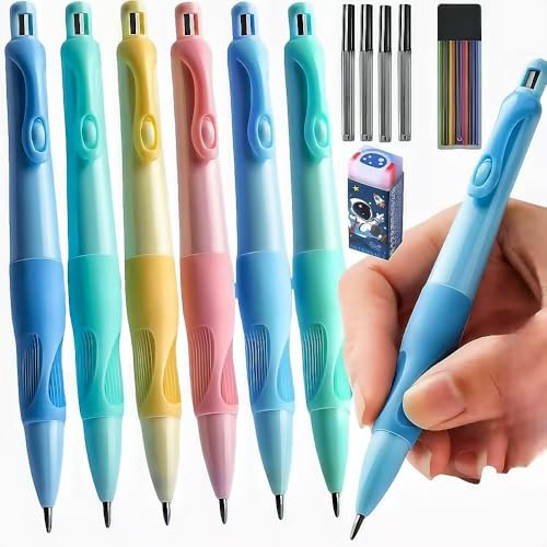 2.0mm Mechanical Pencil for Kids: Fat Grip Handwriting Pencil with 14 Leads | Soft silicone grip, built-in sharpener and 14 break-resistant 2.0mm leads for preschool handwriting, drawing and beginners. - style: 6 pack