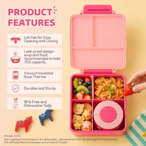 Bento Lunch Box for Girls with 8oz Soup Thermo & Lunch Bag, Leak-Proof Lunch Food Containers with 4 Compartment, Hot Food Insulated Food Jar for Kids School (Pink) - color: Pink