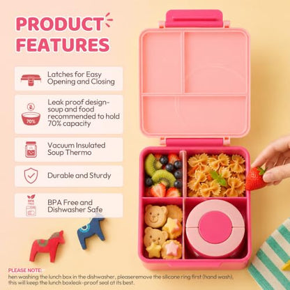 Bento Lunch Box for Girls with 8oz Soup Thermo & Lunch Bag, Leak-Proof Lunch Food Containers with 4 Compartment, Hot Food Insulated Food Jar for Kids School (Pink) - color: Pink
