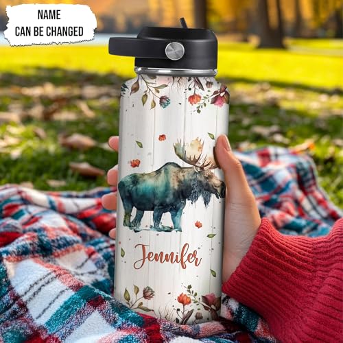 Hyturtle Personalized Moose Water Bottle - Travel Insulated Stainless Steel Bottle with Leak-Proof Lid 18oz 32oz - Cute Animal Gift for Women, Girls, Moose Lovers - Birthday & Christmas Gift - color: Moose