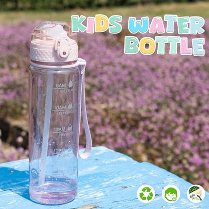 OLDLEY 17oz Kids Water Bottle, Tritan BPA-Free, Leakproof Flip Straw Lid, Motivational Time Marker, Carry Strap, Reusable Clear Water Bottle for Boys & Girls,Cherry Blossom - color: Cherry Blossom, style: 17 Ounces