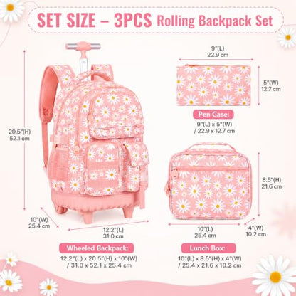 CCJPX 3Pcs Rolling Backpack for Girls, Roller Wheeled School Bookbag, Daisy Wheels Backpacks with Lunch Box for Kids (Pink) - color: Daisy Pink