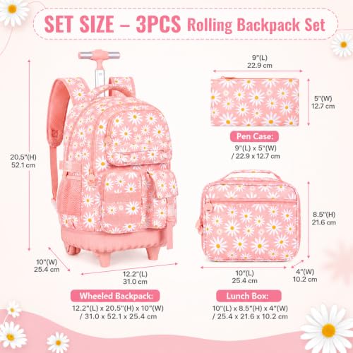 CCJPX 3Pcs Rolling Backpack for Girls, Roller Wheeled School Bookbag, Daisy Wheels Backpacks with Lunch Box for Kids (Pink) - color: Daisy Pink