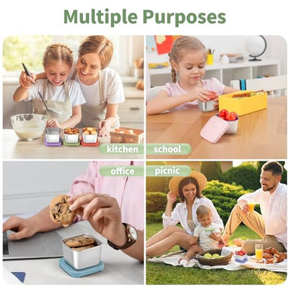 SANEXC 6 Oz Stainless Steel Snack Containers for Kids - 6 Pack Metal Food Containers with Lids Silicone Easy Open 100% Leak Proof BPA Free Reusable Baby Lunch Box for Daycare Travel and Office