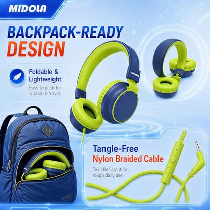 MIDOLA Kids Headphones for School Learning,Volume Limited 85/94dB, Foldable Lightweight Over-Ear Wired Headphones for Kids Toddler Girls Boys 3.5mm for Pad,Headsets with Built-in Mic DeepBlueSky - color: DeepBlueSky