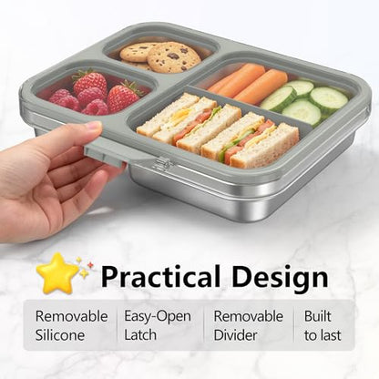 HOMEKOL Stainless Steel Bento Lunch Box 3-Compartment, 4.2Cups, Grey | Leak-Proof Metal Lunch Container for Kids & Adults, BPA-Free, Dishwasher Safe, Clear Tritan Lid, 1000ml (Not Insulated) - color: Gray, size: 34oz (1000ml)