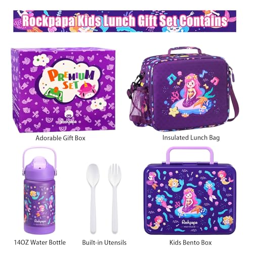 rockpapa Kids Lunch Box Set with 14oz Insulated Water Bottle & Lunch Bag, Leakproof 5.5 Cups Bento Box for School & Children, BPA-Free, Microwave Safe for Boys Girls (Purple Mermaid) - color: Purple Mermaid