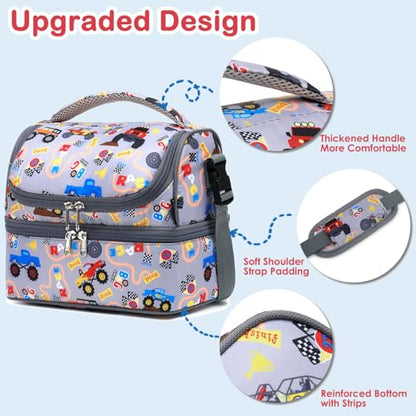 FlowFly Double Decker Cooler Insulated Lunch Bag Large Tote for Boys, Girls, Men, Women, With Adjustable Strap (Truck) - color: Truck