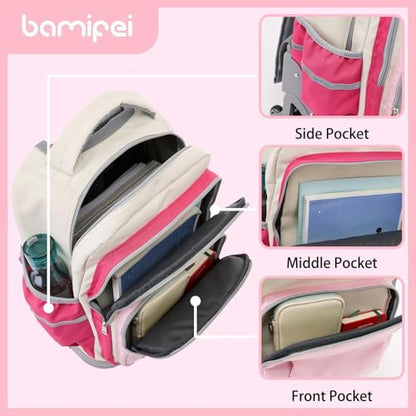 18 Inch Rolling Backpack for Girls, 3-Wheel Stair Climbing Kids Roller Backpack Set with Lunch Bag & Rain Cover, Travel Backpack for Kids, Back to School Essentials for Girls 8-12, Pink