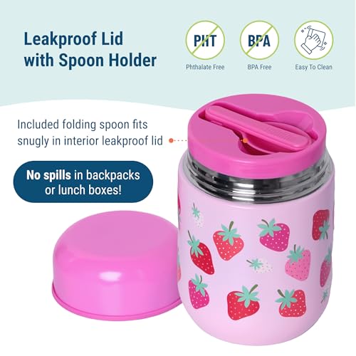 Wildkin Kids 10 oz Insulated Food Jar, Strawberry | Wide-mouth 10 oz jar keeps food hot up to 5 hrs and cold up to 7 hrs · includes two folding spoons · stainless steel interior - color: Strawberry Patch