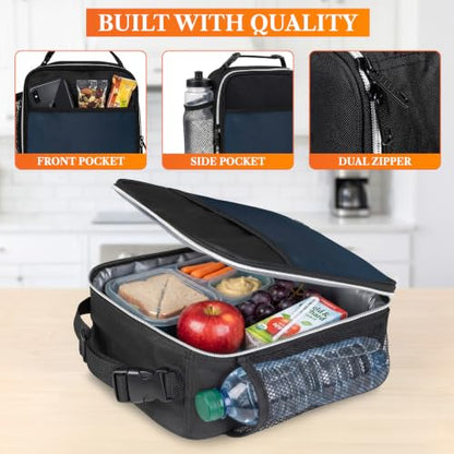 opux Insulated Lunch Bag for Kids Boys Girls, Small Compact Lunch Box with Wide Opening & Mesh Pockets, Reusable Lunch Pail for School, Work, Adults, Men, Women, Navy - color: Navy