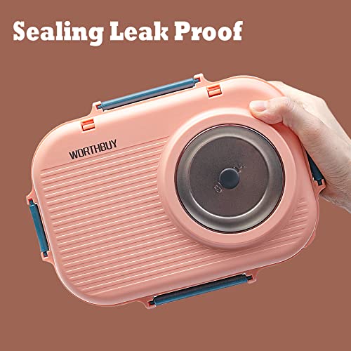 3 Compartments Bento Lunch box with Soup Bowl, Insulated Lunch Bag and Portable Utensils, Stainless Steel Camera Lunch Containers，Leak Proof Bento Box for Adults Men Women（14 years old+） - color: 900ml-Pink