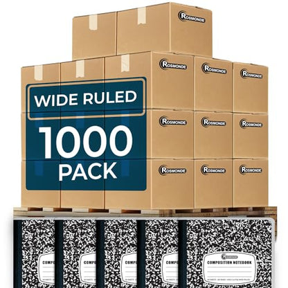 Rosmonde Composition Notebooks Bulk, 1000 Pack, Wide Ruled, Black Marble | Pallet of Notebooks, 100 Sheets (200 Pages), 9-3/4 x 7-1/2, Bulk Notebooks for School, College & Office, 4-7 Days Transit - size: 1000 Pack | Express Pallet, style: Wide Ruled - Bl