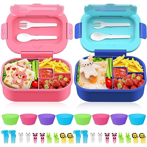 Bento Box Kid Adult Lunch Box 2 Pack, Leakproof Bento Lunch Container 4 Compartment Bento-Style Lunchbox with Utensil Set, On-the-Go Meal and Snack Packing for School, Work, Picnic - color: Pink & Blue