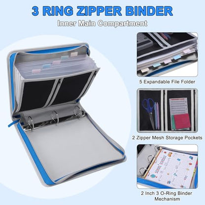 Ndsox Zipper Binder 3 Ring with Handle, 2 Inch O-Ring Document Organizer Middle School Binder with Zipper for Students, 5-Tab Expanding File Folder & 2 Mesh Pouches, DIY Clear Front Pocket, Blue - color: Blue