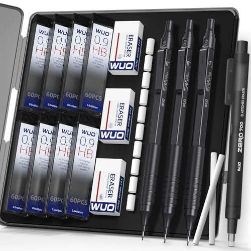 WUO 0.9mm Mechanical Pencil Set, 3 Black Metal Drafting Pencils with 480 HB Lead Refills, Precision Eraser Pen, 4B Erasers & Case, Mechanical Pencils for Writing, Drawing, Sketching & School - color: Black, size: 0.9