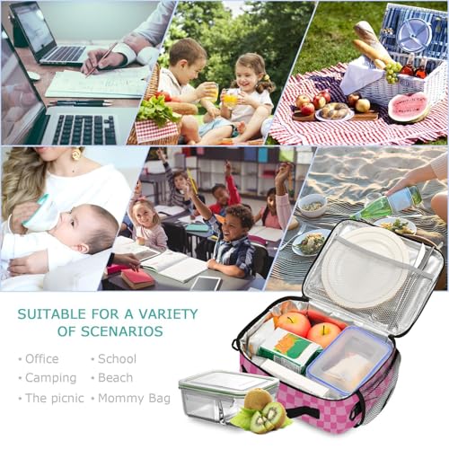 Custom Student Lunch Bag for Boys Girls Pink Checkerboard Personalized Lunch Box With Name Insulated Cooler Bag for School Picnic Travel - color: Multi08