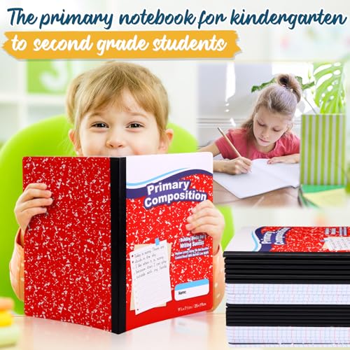 Watersay 60 Pack Primary Ruled Composition Notebook, Grade K-2 Journal 50 Sheets, 7-1/2" x 9-3/4" Primary Composition Book Writing Notebook for Kids Kindergarten Preschool 1st 2nd Grad (Red) - color: Red
