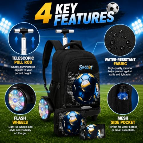 AGSDON Quiet Rolling Backpack with Lunch Box Set – Large Luminous Wheel Water‑Resistant Wheeled Bag for School, Outings, and Travel | Black Gold Soccer 3‑Piece Organizer Backpack - color: Large Luminous Wheel Rolling Black Gold Soccer