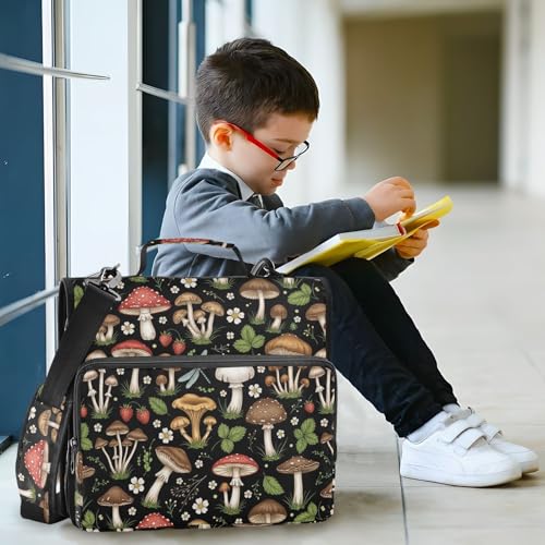 Zipper Binder Bag 3 Ring File Folder Portfolio Organizer Zippered Binder Bags with Strap Fits Laptop Women Men - color: 33-mushrooms Black