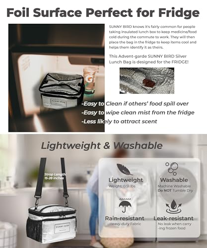 SUNNY BIRD Insulated Leakproof Lunch Bag, Thermally Insulated, Shoulder Strap for Women, Men and Teen (Silver Black) - color: Silver Black