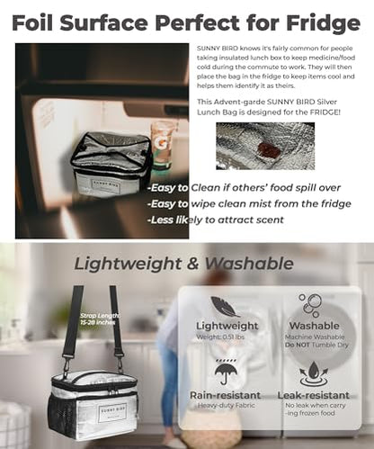 SUNNY BIRD Insulated Leakproof Lunch Bag, Thermally Insulated, Shoulder Strap for Women, Men and Teen (Silver Black) - color: Silver Black