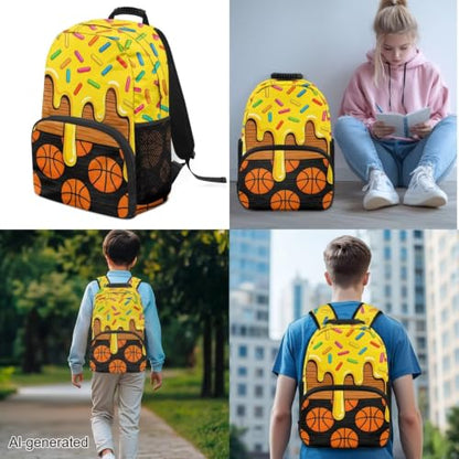 Ice Cream Basketball Print 3PCS Backpack Set with Lunch Bag Pencil Case for Girls Kids, 3 in 1 Lightweight 17 Inch Bookbag Backpacks for Middle High School Students - color: Ice Cream Basketball Print