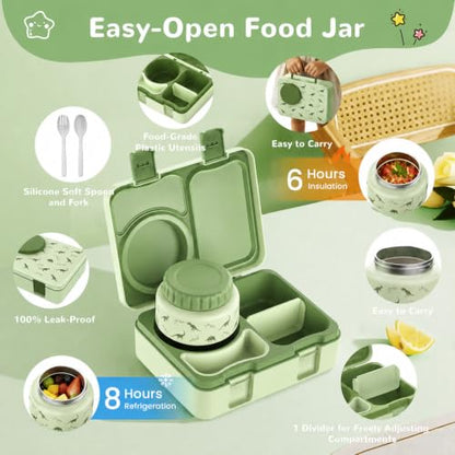 Kids Lunch Box with Thermo, Leakproof Bento Box for Kids with 8OZ Insulated Food Jar, Ice Pack, Sauce Cup, Utensils, Removable Tray & Dividers for School Daycare Travel (Dinosaurs) - color: Dinosaurs