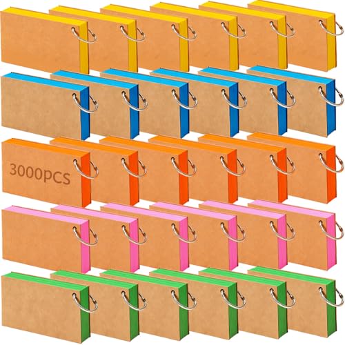 3000 Pcs Index Cards Bulk with Rings, 3x5 Inch Flash Cards with Holder for Studying, Colorful Notecards Lined for Office, Home, School Supplies College, Ruled Index Cards, Double Sided (5 Colors) - color: 3000 Pcs (5 Colors)