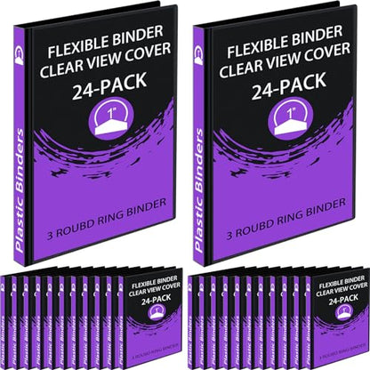 Fulmoon 24 Pcs 3 Ring Plastic Binders Bulk with 2 Pockets Flexible Binder with Transparent View Cover Plastic Binder for Home Office(1 Inch,Black) - color: Black, size: 1 Inch
