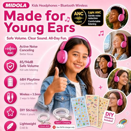 MIDOLA Kids Bluetooth Headphones Active Noise Cancelling Lightweight Wireless Headphone for Kid Volume Limited 85/94dB Foldable Over-Ear Headset with Mic,68 Hours Playtime,for Toddler Child Rose Pink - color: Rose Pink