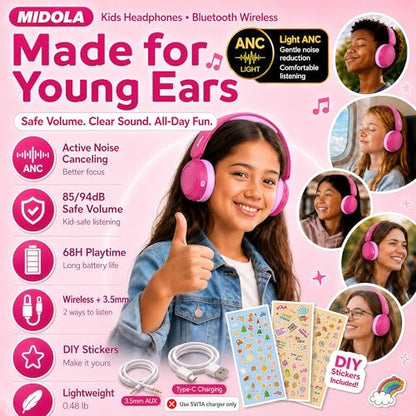 MIDOLA Kids Bluetooth Headphones Active Noise Cancelling Lightweight Wireless Headphone for Kid Volume Limited 85/94dB Foldable Over-Ear Headset with Mic,68 Hours Playtime,for Toddler Child Rose Pink - color: Rose Pink