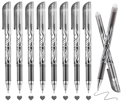 8 Pack Black Ink Erasable Gel Pens, 0.5mm Fine Point, Flame Patterned Barrel, Comfortable Grip, with Eraser, Ideal for Journaling, School Work, Office Tasks, Note Taking, DIY Projects - color: 8 Black