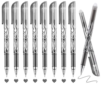 8 Pack Black Ink Erasable Gel Pens, 0.5mm Fine Point, Flame Patterned Barrel, Comfortable Grip, with Eraser, Ideal for Journaling, School Work, Office Tasks, Note Taking, DIY Projects - color: 8 Black