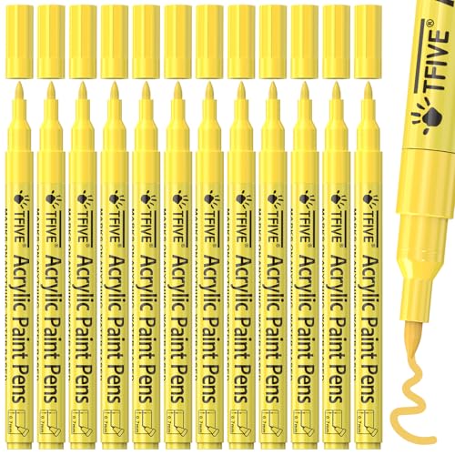 TFIVE 12 Yellow Acrylic Paint Markers, Permanent Paint Pens Extra Fine Tip | Waterproof, Quick Dry, Fade Resistant, 0.7mm Water Based Marker Pen for Rock, Wood, Plastic, Metal, Glass, Rubber - color: Yellow