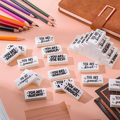 PerKoop 50 Pcs Erasers Bulk for Kids, Inspirational Back to School Pencil Eraser - White Fun Motivational Erasers Gifts for Kids Students Borradores Classroom Prizes School Office Supplies