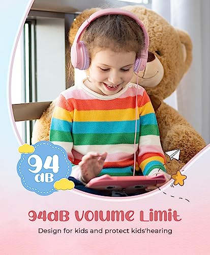 DyBaxa Kids Headphones, Wired Foldable On-Ear Headphones for Kids, Volume Limiter 94dB, Kid Headphones for School Classes Travel, 3.5mm Jack Kids Headset Compatible Smartphones Tablet, Pink - color: Pink