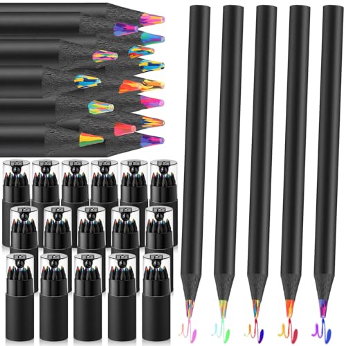 AmazingSpark 192 Pieces 7 Color in 1 Mini Rainbow Pencils Sharpened Black Wooden Colored Pencils Bulk with Tube Sharpener for Coloring Drawing Sketching Artists