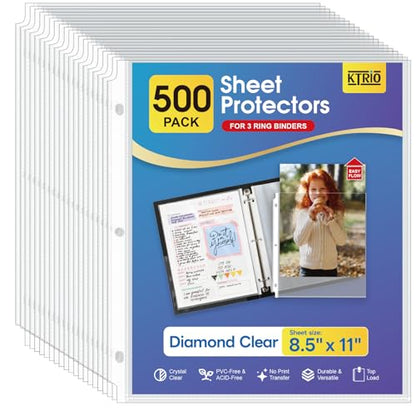 KTRIO Sheet Protectors for 3 Ring Binder 500 Pack, Plastic Sleeves 8.5 x 11 | Clear Page Protectors, Acid-Free Plastic, Fits Letter Size Paper Documents, Top Loading, Business Office School Supplies - size: 500 Pack, style: Clear Finish