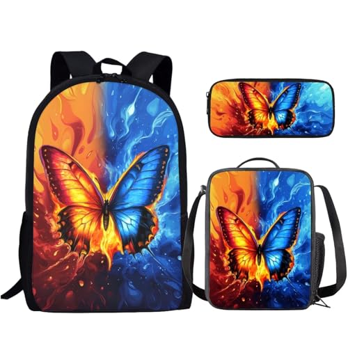 Cool Butterfly Kids Backpack Set Girls 3 PCS Kids Backpack with Lunch Box Pencil Case Large Capacity Bookbag Casual Daypack for Elementary School Students - color: Cool Butterfly