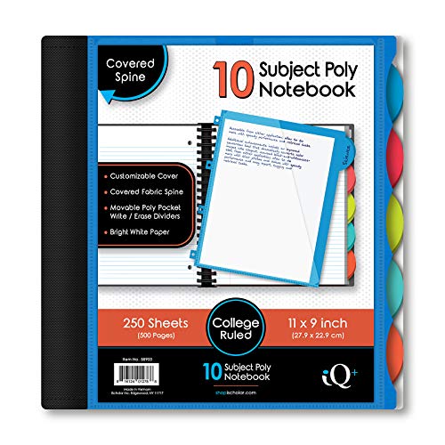 IQ iScholar Poly Cover 10 Subject Notebook, College Ruled, 11 x 8.5", 250 Sheets, Color Will Vary (58900) - color: Assorted, size: 10 Subject, style: College Ruled